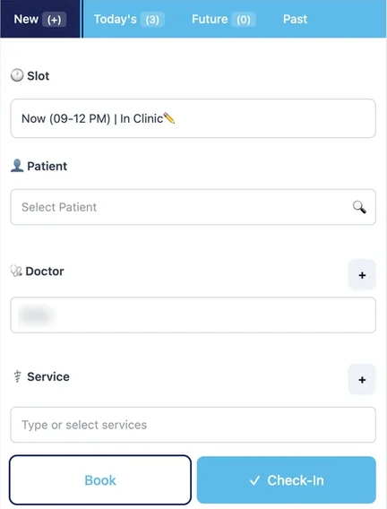 EasyDoc booking form with Slot, Patient, Doctor and Service fields and Book and Check-In buttons