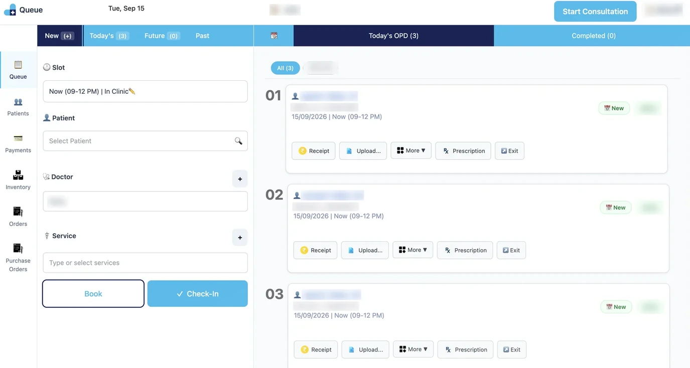 EasyDoc Queue screen with the module sidebar, booking form and Today's OPD list
